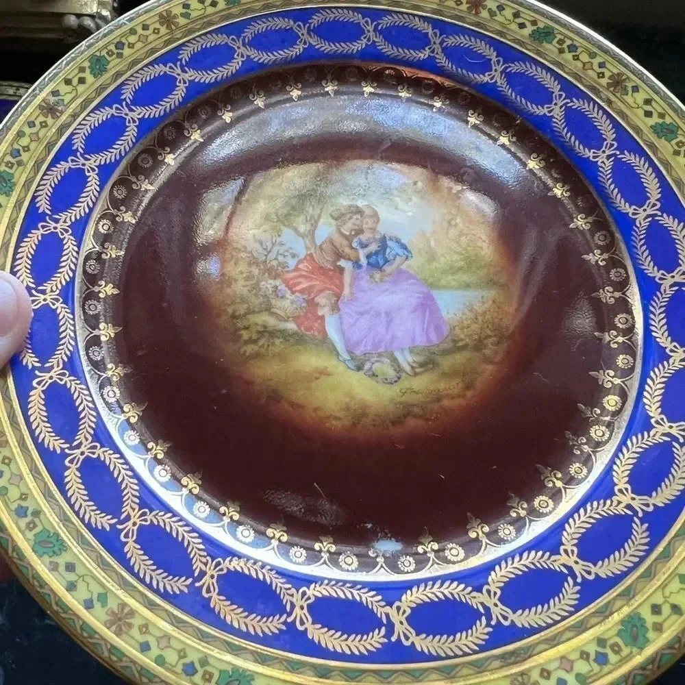 Vintage JK Carlsbad Colonial Blue And Gold China Decorative Plate 6.5” x 6.5”